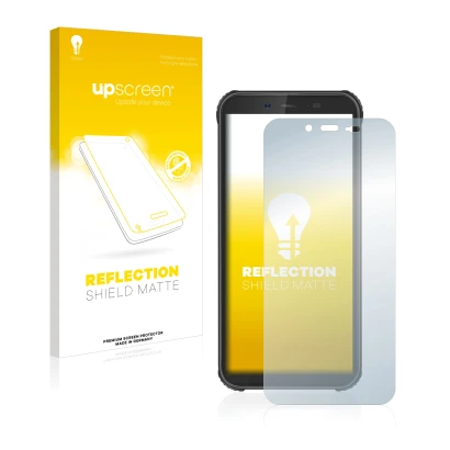 Parte frontal de un envase de producto con el logotipo de la marca upscreen. Al lado se muestra el dispositivo Blackview BV550