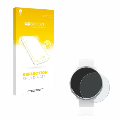 Parte frontal de un envase de producto con el logotipo de la marca upscreen. Al lado se muestra el dispositivo Polar Ignite co