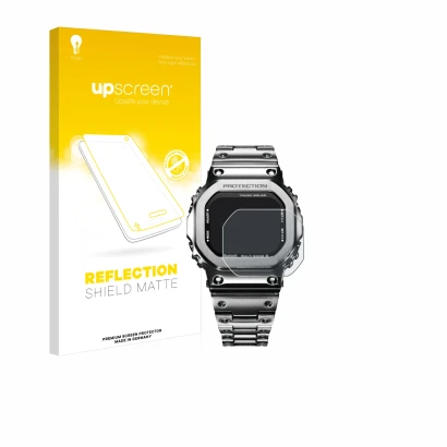 Parte frontal de un envase de producto con el logotipo de la marca upscreen. Al lado se muestra el dispositivo Casio G-Shock G