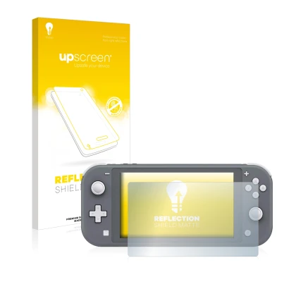 Parte frontal de un envase de producto con el logotipo de la marca upscreen. Al lado se muestra el dispositivo Nintendo Switch