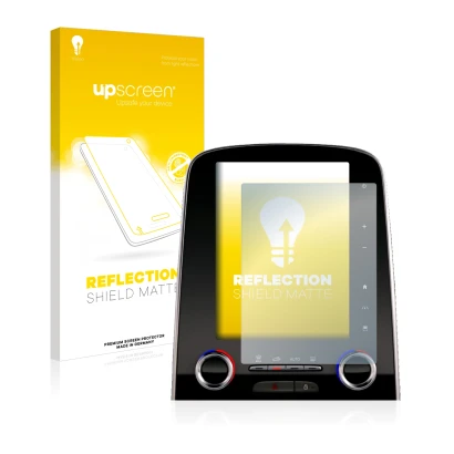 Parte frontal de un envase de producto con el logotipo de la marca upscreen. Al lado se muestra el dispositivo Renault Espace 