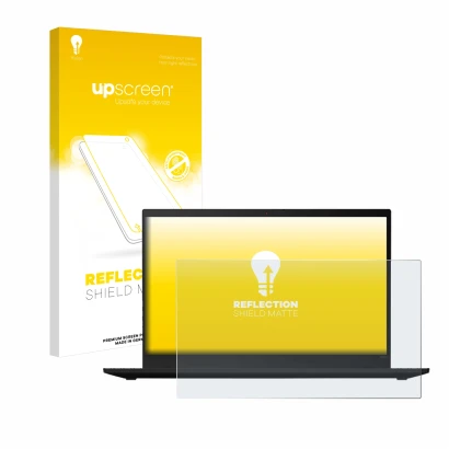 Parte frontal de un envase de producto con el logotipo de la marca upscreen. Al lado se muestra el dispositivo Lenovo ThinkPad
