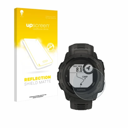 Parte frontal de un envase de producto con el logotipo de la marca upscreen. Al lado se muestra el dispositivo Garmin Instinct