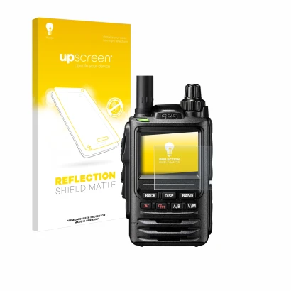 Parte frontal de un envase de producto con el logotipo de la marca upscreen. Al lado se muestra el dispositivo Yaesu FT-3D con