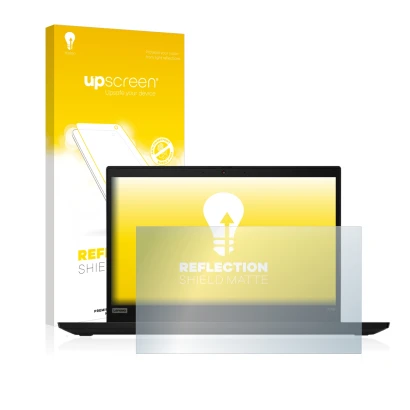 Parte frontal de un envase de producto con el logotipo de la marca upscreen. Al lado se muestra el dispositivo Lenovo ThinkPad