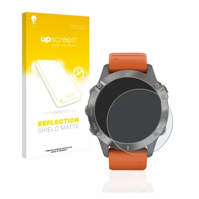 Parte frontal de un envase de producto con el logotipo de la marca upscreen. Al lado se muestra el dispositivo Garmin Fenix 6 