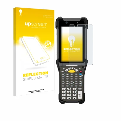Parte frontal de un envase de producto con el logotipo de la marca upscreen. Al lado se muestra el dispositivo Zebra MC9300 co