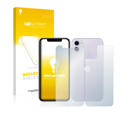 Parte frontal de un envase de producto con el logotipo de la marca upscreen. Al lado se muestra el dispositivo Apple iPhone 11