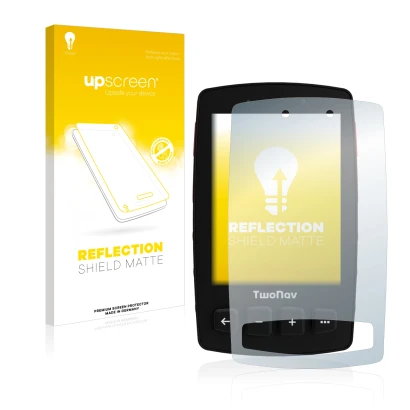 Parte frontal de un envase de producto con el logotipo de la marca upscreen. Al lado se muestra el dispositivo TwoNav Trail 2 