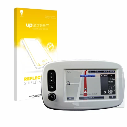 Parte frontal de un envase de producto con el logotipo de la marca upscreen. Al lado se muestra el dispositivo TomTom Smart 45