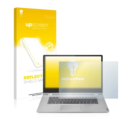 Parte frontal de un envase de producto con el logotipo de la marca upscreen. Al lado se muestra el dispositivo Lenovo IdeaPad