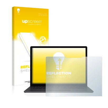 Parte frontal de un envase de producto con el logotipo de la marca upscreen. Al lado se muestra el dispositivo Microsoft Surfa