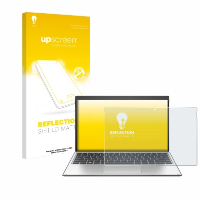 Parte frontal de un envase de producto con el logotipo de la marca upscreen. Al lado se muestra el dispositivo HP Elite x2 G4