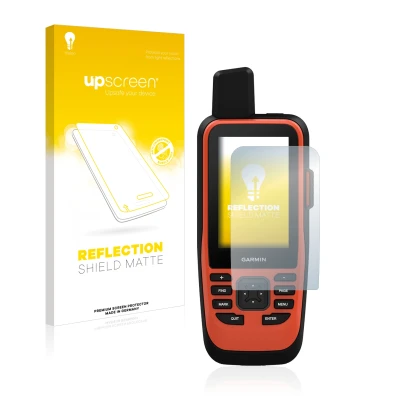 Parte frontal de un envase de producto con el logotipo de la marca upscreen. Al lado se muestra el dispositivo Garmin GPSMAP 8