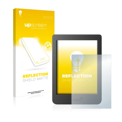 Parte frontal de un envase de producto con el logotipo de la marca upscreen. Al lado se muestra el dispositivo Tolino Page 2 c