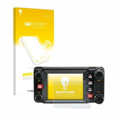 Parte frontal de un envase de producto con el logotipo de la marca upscreen. Al lado se muestra el dispositivo Yaesu FTM-400XD