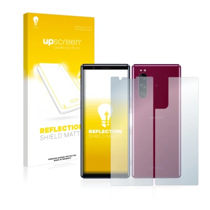 Parte frontal de un envase de producto con el logotipo de la marca upscreen. Al lado se muestra el dispositivo Sony Xperia 5 (