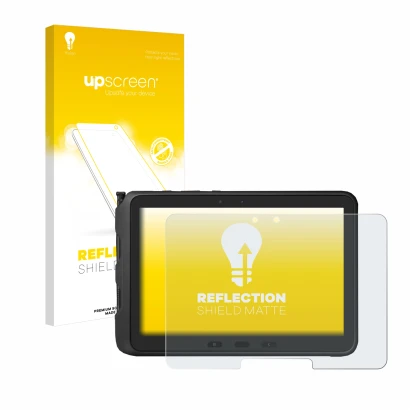 Parte frontal de un envase de producto con el logotipo de la marca upscreen. Al lado se muestra el dispositivo Samsung Galaxy