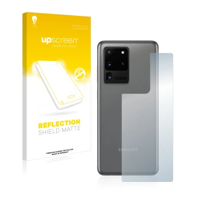 Parte frontal de un envase de producto con el logotipo de la marca upscreen. Al lado se muestra el dispositivo Samsung Galaxy 