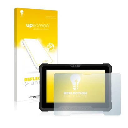 Parte frontal de un envase de producto con el logotipo de la marca upscreen. Al lado se muestra el dispositivo Dell Latitude 7