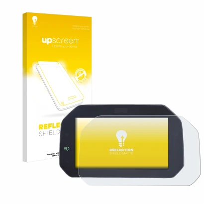 Parte frontal de un envase de producto con el logotipo de la marca upscreen. Al lado se muestra el dispositivo BMW R1200GS LC 