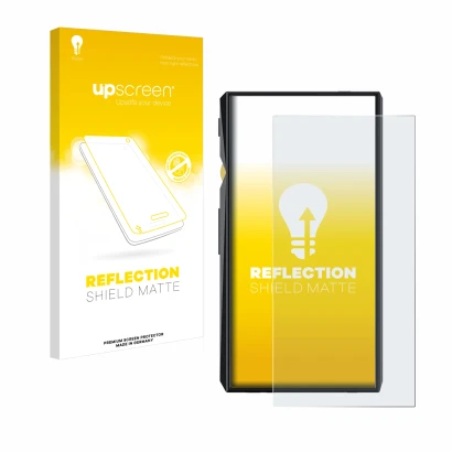 Parte frontal de un envase de producto con el logotipo de la marca upscreen. Al lado se muestra el dispositivo FiiO M11 Pro co