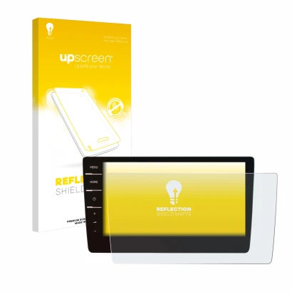 Parte frontal de un envase de producto con el logotipo de la marca upscreen. Al lado se muestra el dispositivo Volkswagen Tigu