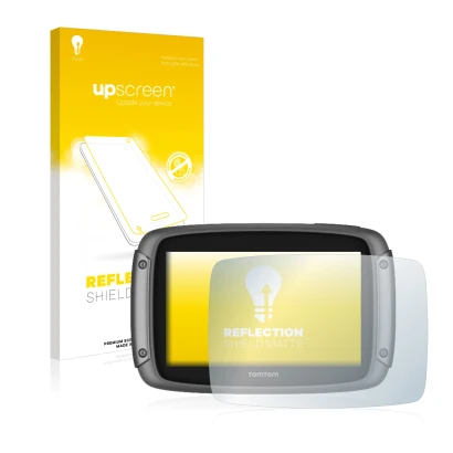 Parte frontal de un envase de producto con el logotipo de la marca upscreen. Al lado se muestra el dispositivo TomTom Rider 50