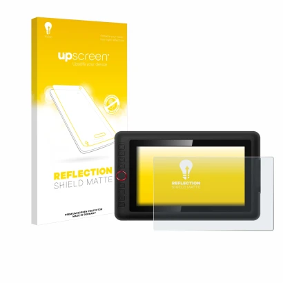 Parte frontal de un envase de producto con el logotipo de la marca upscreen. Al lado se muestra el dispositivo XP-Pen Artist 1