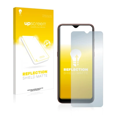 Parte frontal de un envase de producto con el logotipo de la marca upscreen. Al lado se muestra el dispositivo Wiko View 4 con