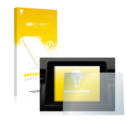 Parte frontal de un envase de producto con el logotipo de la marca upscreen. Al lado se muestra el dispositivo Renault Clio V