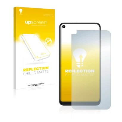 Parte frontal de un envase de producto con el logotipo de la marca upscreen. Al lado se muestra el dispositivo TCL 10L con su
