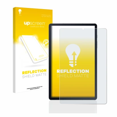 Parte frontal de un envase de producto con el logotipo de la marca upscreen. Al lado se muestra el dispositivo Samsung Galaxy 