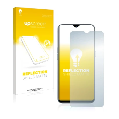 Parte frontal de un envase de producto con el logotipo de la marca upscreen. Al lado se muestra el dispositivo realme X2 con s