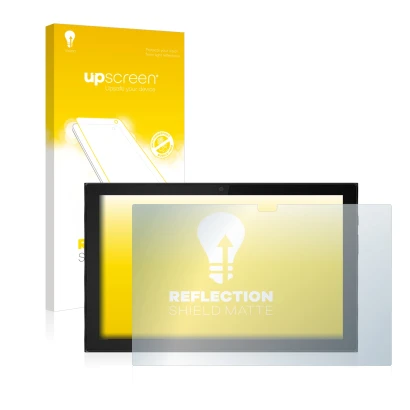 Parte frontal de un envase de producto con el logotipo de la marca upscreen. Al lado se muestra el dispositivo Lenovo IdeaPad