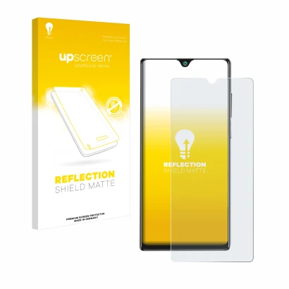 Parte frontal de un envase de producto con el logotipo de la marca upscreen. Al lado se muestra el dispositivo Cubot P40 con s