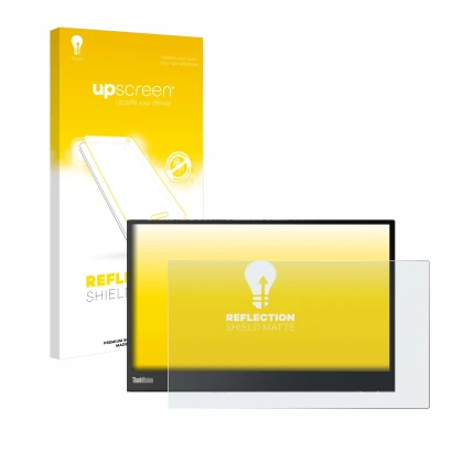 Parte frontal de un envase de producto con el logotipo de la marca upscreen. Al lado se muestra el dispositivo Lenovo ThinkVis