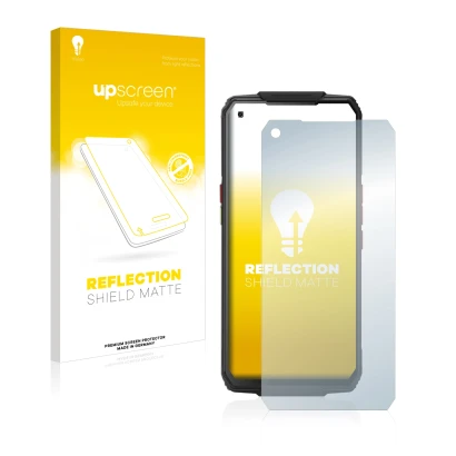 Parte frontal de un envase de producto con el logotipo de la marca upscreen. Al lado se muestra el dispositivo Oukitel WP7 con