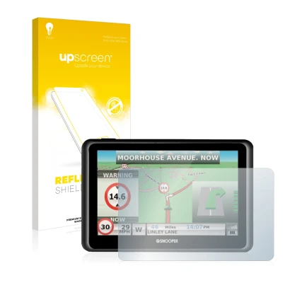 Parte frontal de un envase de producto con el logotipo de la marca upscreen. Al lado se muestra el dispositivo Snooper Truckma