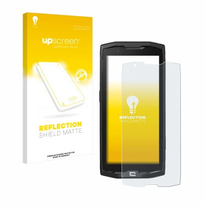Parte frontal de un envase de producto con el logotipo de la marca upscreen. Al lado se muestra el dispositivo Crosscall Core