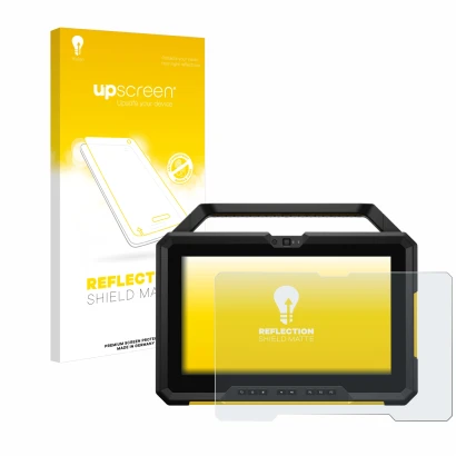 Parte frontal de un envase de producto con el logotipo de la marca upscreen. Al lado se muestra el dispositivo Dell Latitude 7