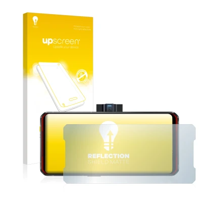 Parte frontal de un envase de producto con el logotipo de la marca upscreen. Al lado se muestra el dispositivo Lenovo Legion D