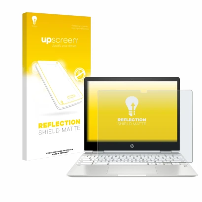 Parte frontal de un envase de producto con el logotipo de la marca upscreen. Al lado se muestra el dispositivo HP Chromebook x