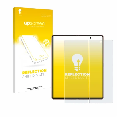 Parte frontal de un envase de producto con el logotipo de la marca upscreen. Al lado se muestra el dispositivo Samsung Galaxy