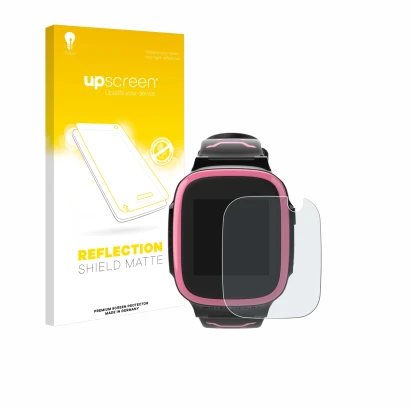 Parte frontal de un envase de producto con el logotipo de la marca upscreen. Al lado se muestra el dispositivo Xplora X5 Play