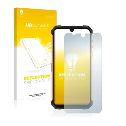 Parte frontal de un envase de producto con el logotipo de la marca upscreen. Al lado se muestra el dispositivo Ulefone Armor 8