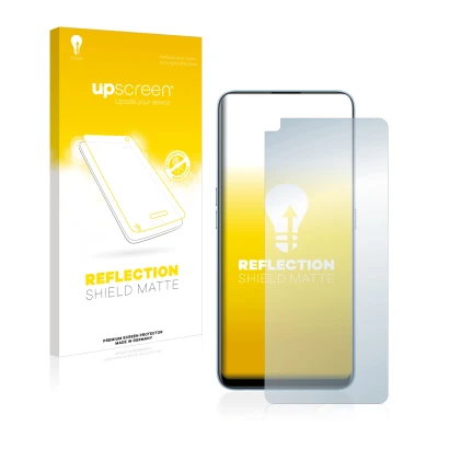 Parte frontal de un envase de producto con el logotipo de la marca upscreen. Al lado se muestra el dispositivo realme 7 Pro co