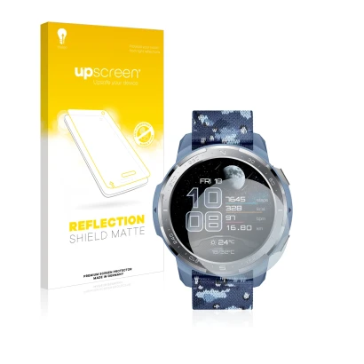 Parte frontal de un envase de producto con el logotipo de la marca upscreen. Al lado se muestra el dispositivo Honor Watch GS