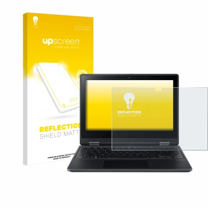 Parte frontal de un envase de producto con el logotipo de la marca upscreen. Al lado se muestra el dispositivo Acer TravelMate
