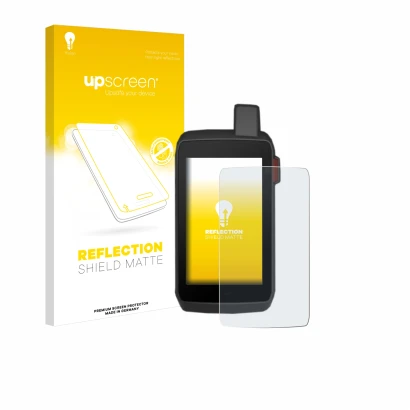 Parte frontal de un envase de producto con el logotipo de la marca upscreen. Al lado se muestra el dispositivo Garmin Montana 